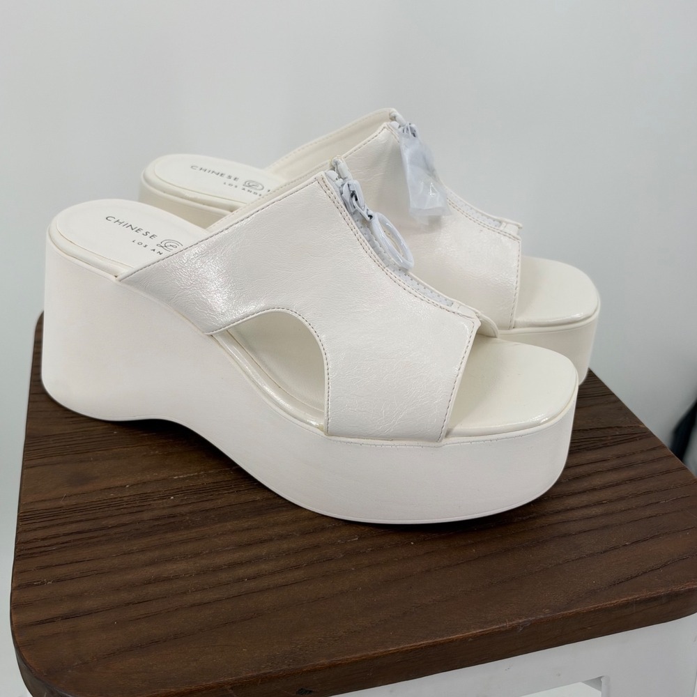 Chinese Laundry Taysha White Platform Wedge Sandals Zipper Slide Y2K 8.5